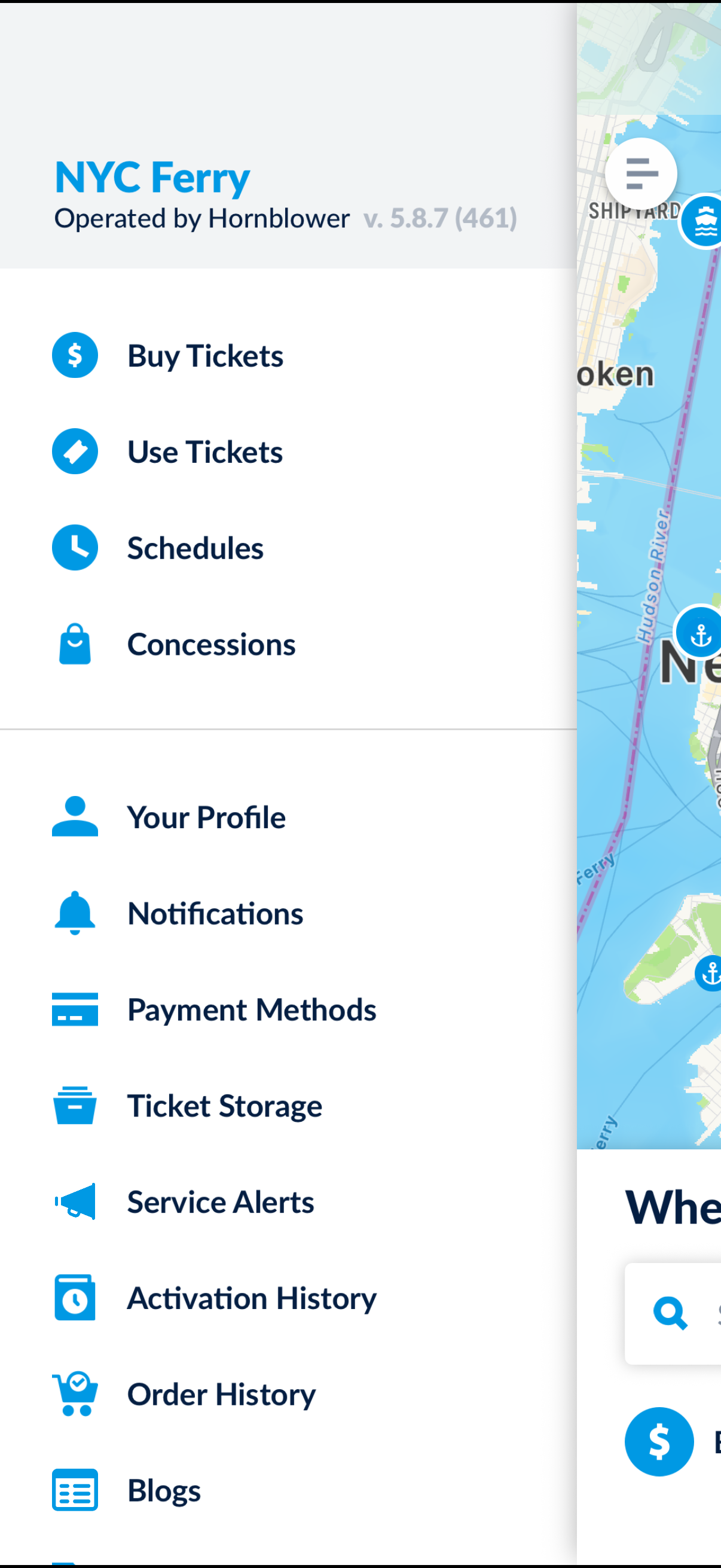 NYC-ferry navigation screenshot